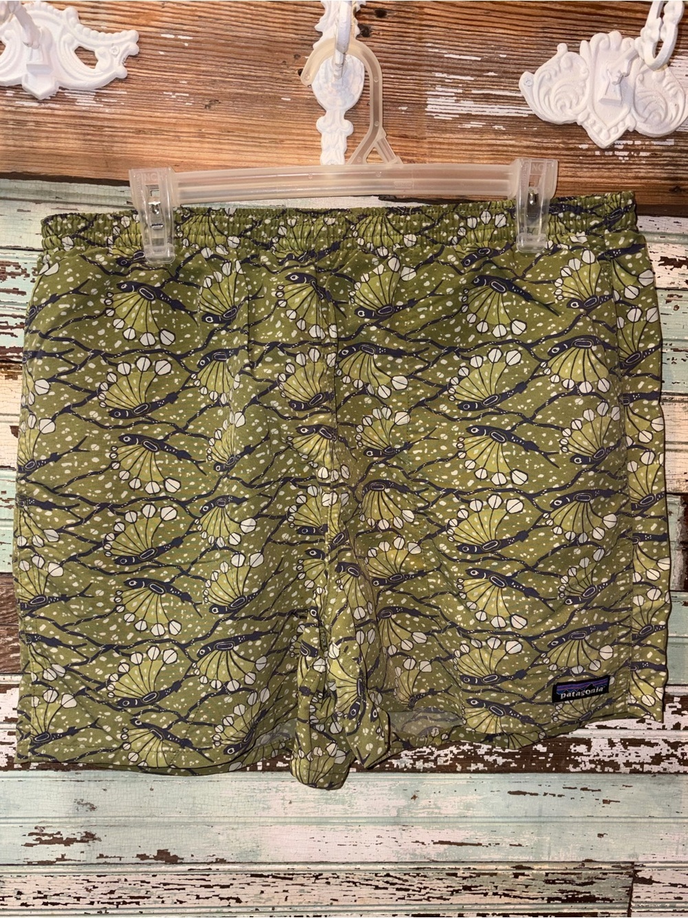 Patagonia Olive Green Floral-Print Swim Shorts with Navy & White Accents
